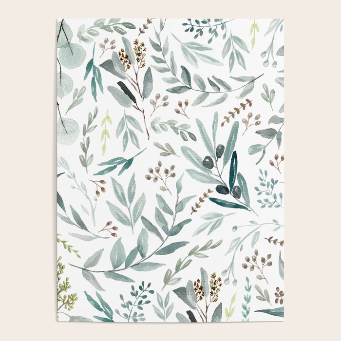 Botanical Eucalyptus Leaves Pattern Poster Gallery Image 1
