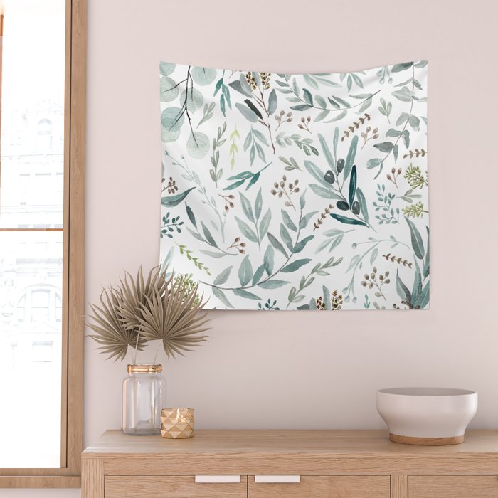 Botanical Eucalyptus Leaves Pattern Wall Tapestry Gallery Image 2