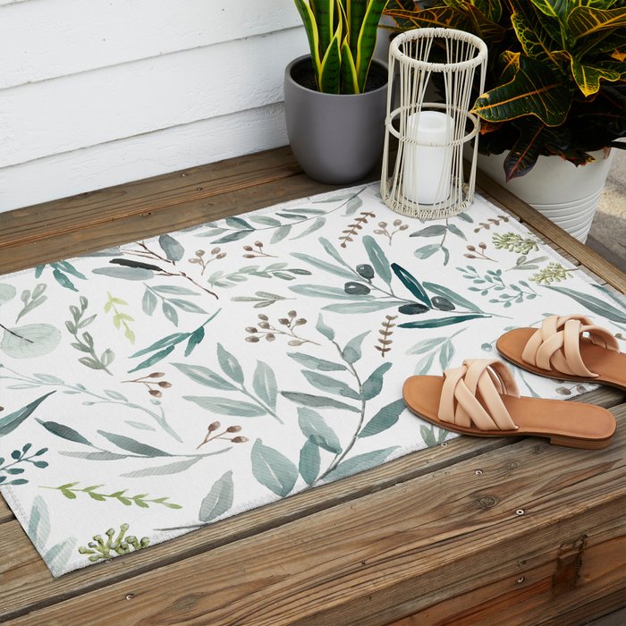 Botanical Eucalyptus Leaves Pattern Outdoor Rug Gallery Image 2