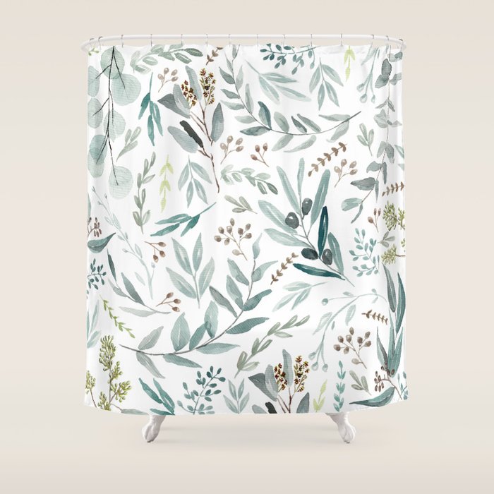 Botanical Eucalyptus Leaves Pattern Shower Curtain Gallery Image 1