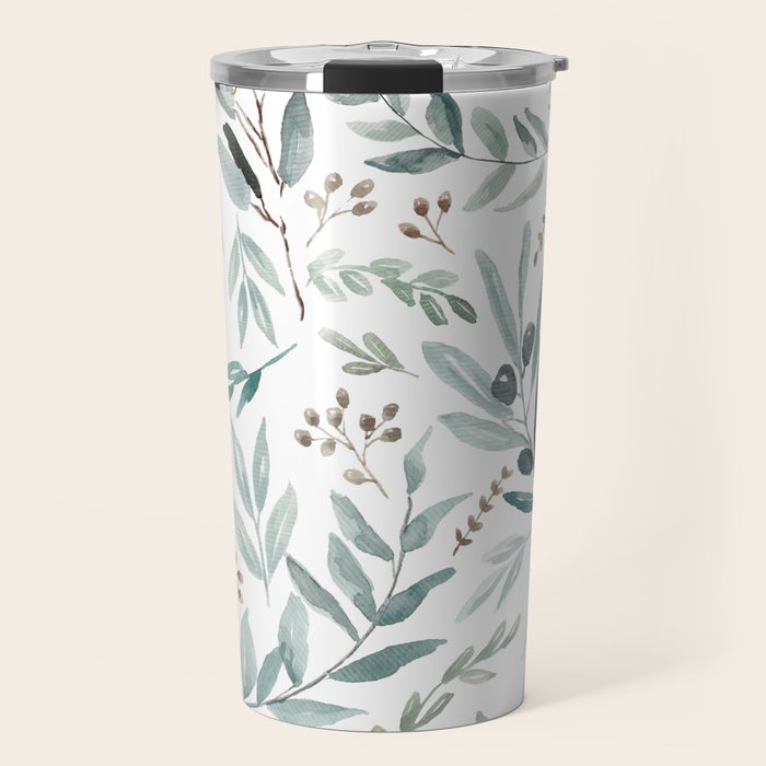Botanical Eucalyptus Leaves Pattern Travel Mug Gallery Image 1