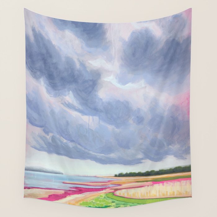 Vertical landscape art with clouds Wall Tapestry Gallery Image 1