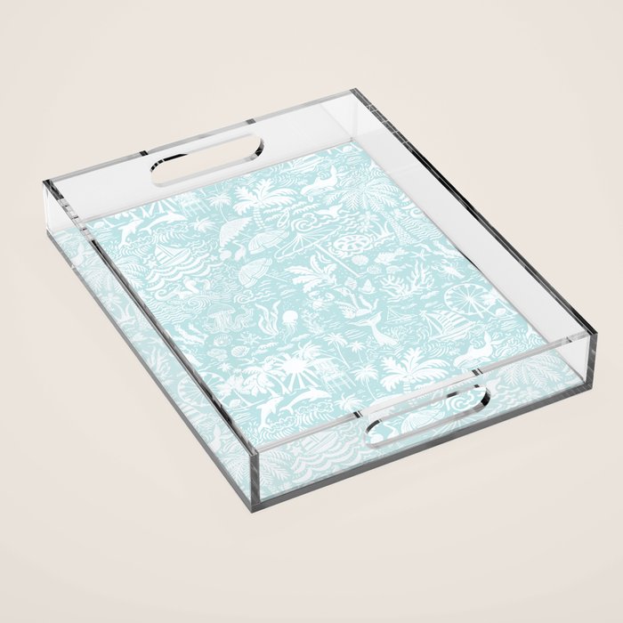 Coastal Daydream hand-drawn ocean collage pattern in mint Acrylic Tray Gallery Image 1