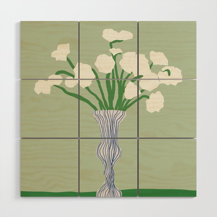 Green background porcelain white flowers Wood Wall Art Gallery Image 1