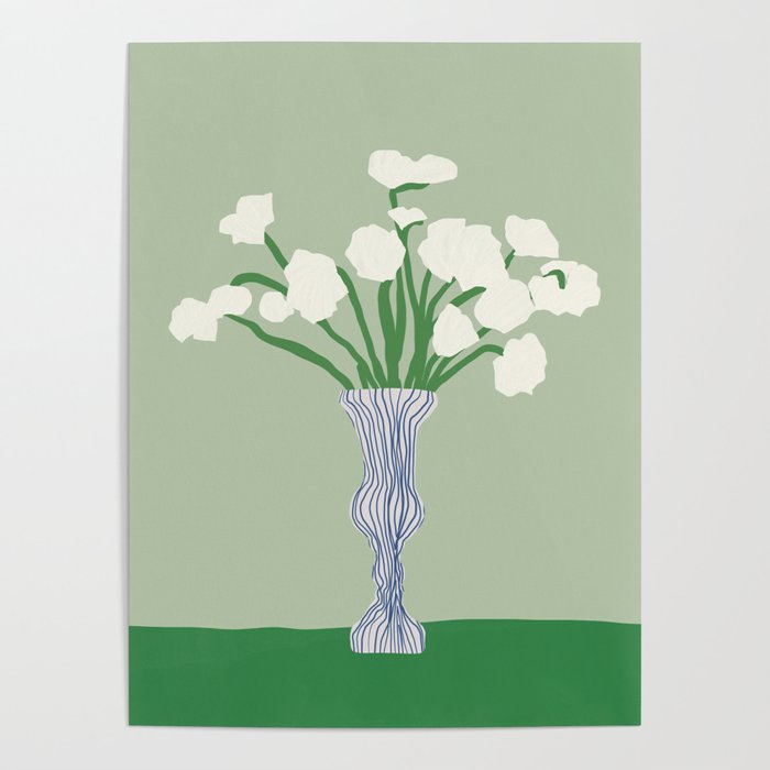 Green background porcelain white flowers Poster Gallery Image 4