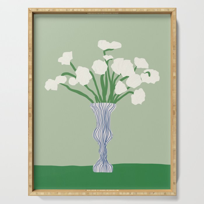 Green background porcelain white flowers Serving Tray Gallery Image 1