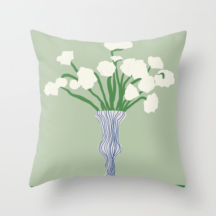 Green background porcelain white flowers Throw Pillow Gallery Image 6