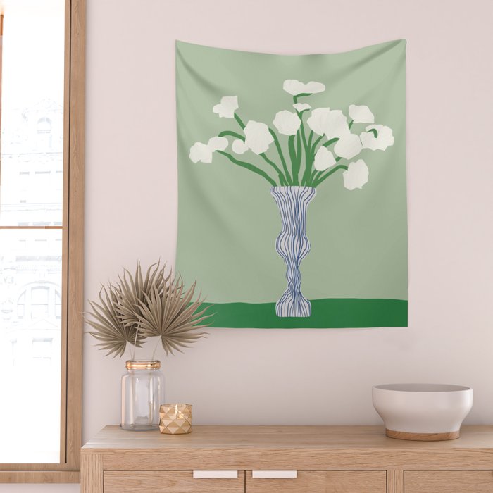Green background porcelain white flowers Wall Tapestry Gallery Image 2
