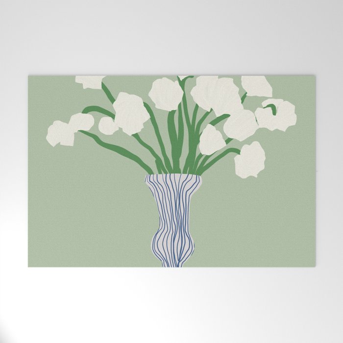 Green background porcelain white flowers Welcome Mat Gallery Image 1