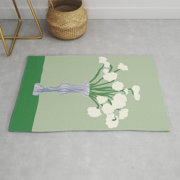 Green background porcelain white flowers Rug Gallery Image 1