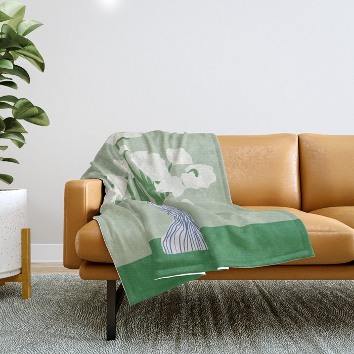 Green background porcelain white flowers Throw Blanket Gallery Image 1