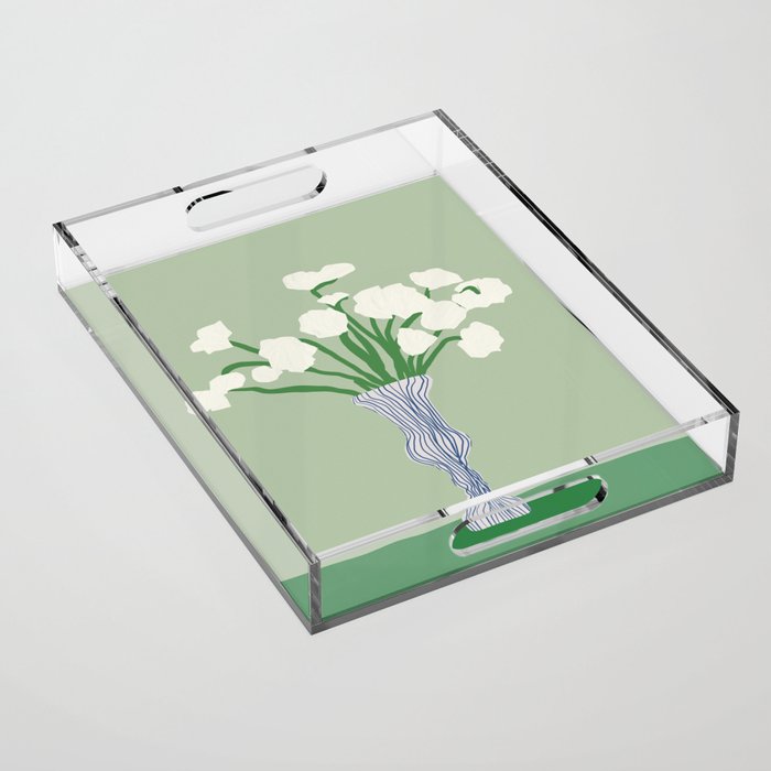 Green background porcelain white flowers Acrylic Tray Gallery Image 1