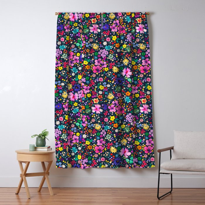 Millefleurs Spring Little Flowers Folky Navy Window Curtain Gallery Image 1