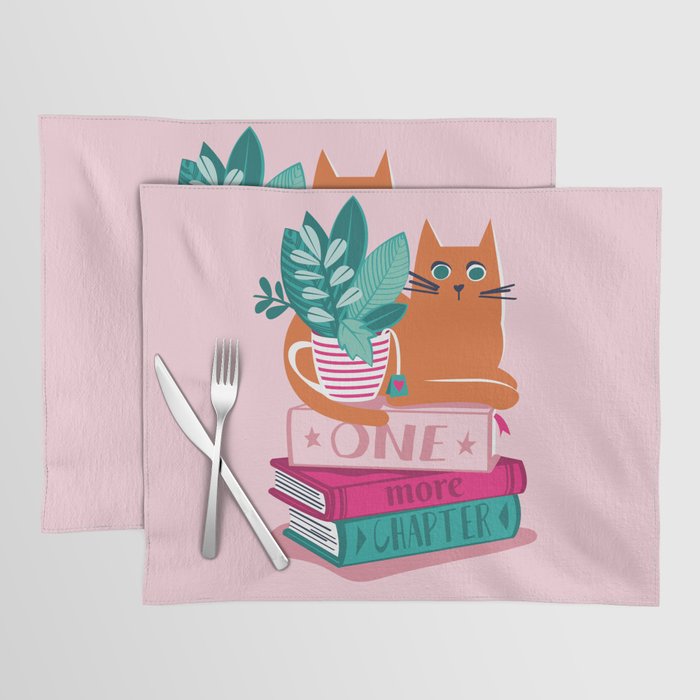 One more chapter // pastel pink background orange tabby cat striped mug with plants fuchsia pink and green books  Placemat Gallery Image 1
