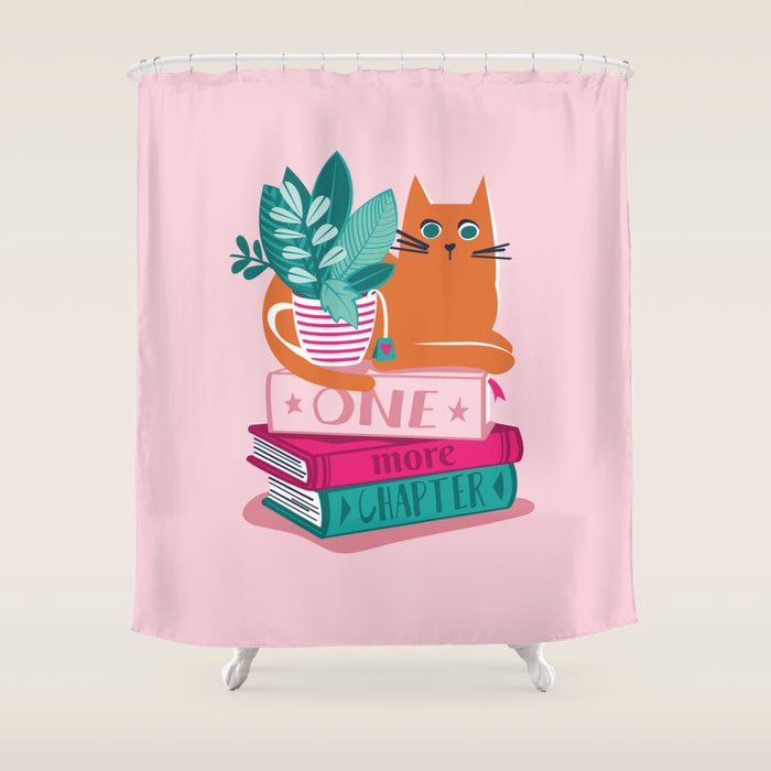 One more chapter // pastel pink background orange tabby cat striped mug with plants fuchsia pink and green books  Shower Curtain Gallery Image 1