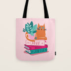 One more chapter // pastel pink background orange tabby cat striped mug with plants fuchsia pink and green books  Tote Bag Gallery Image 1