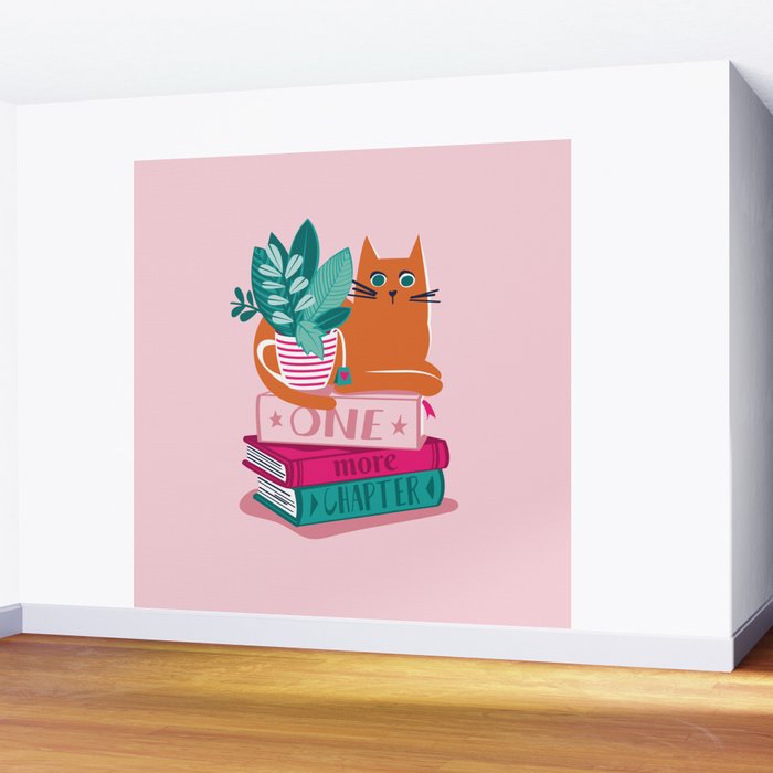 One more chapter // pastel pink background orange tabby cat striped mug with plants fuchsia pink and green books  Wall Mural Gallery Image 2