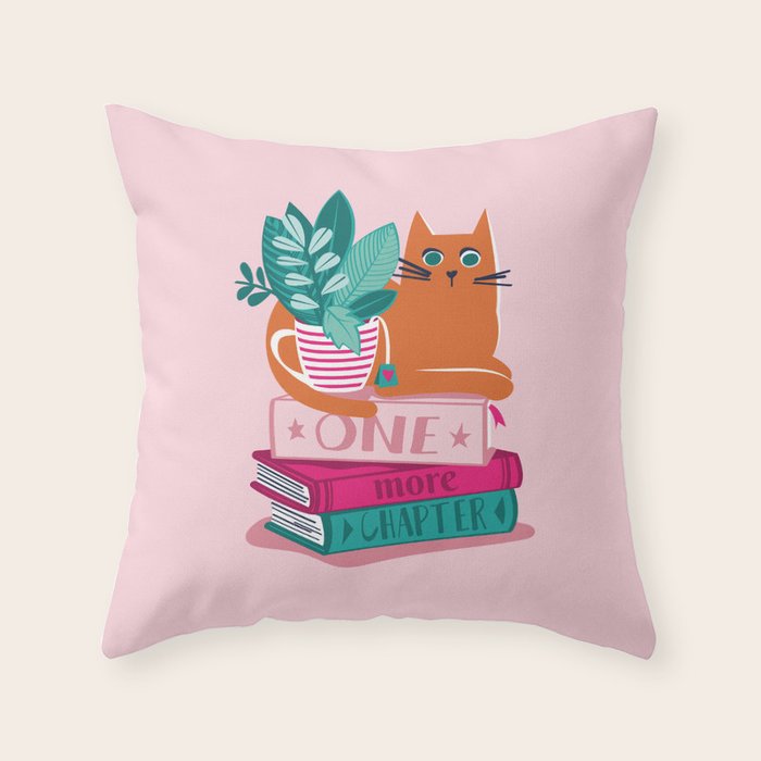 One more chapter // pastel pink background orange tabby cat striped mug with plants fuchsia pink and green books  Throw Pillow Gallery Image 1