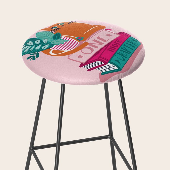 One more chapter // pastel pink background orange tabby cat striped mug with plants fuchsia pink and green books  Stool Gallery Image 2