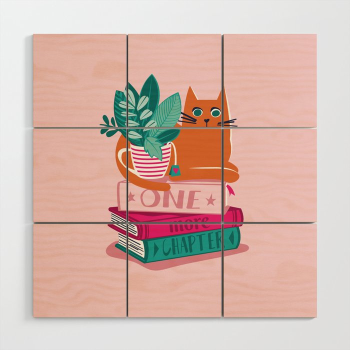 One more chapter // pastel pink background orange tabby cat striped mug with plants fuchsia pink and green books  Wood Wall Art Gallery Image 1