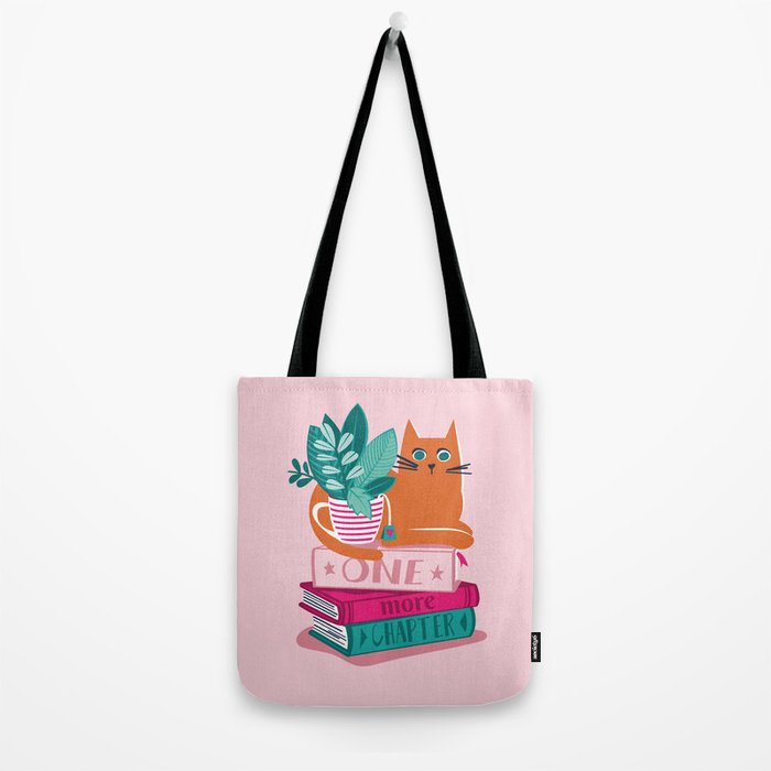 One more chapter // pastel pink background orange tabby cat striped mug with plants fuchsia pink and green books  Tote Bag Gallery Image 2
