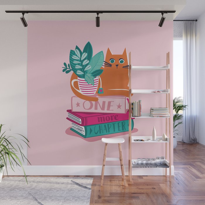 One more chapter // pastel pink background orange tabby cat striped mug with plants fuchsia pink and green books  Wall Mural Gallery Image 1