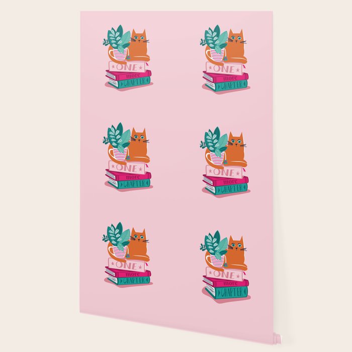 One more chapter // pastel pink background orange tabby cat striped mug with plants fuchsia pink and green books  Wallpaper Gallery Image 2