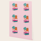 One more chapter // pastel pink background orange tabby cat striped mug with plants fuchsia pink and green books  Wallpaper Gallery Image 2