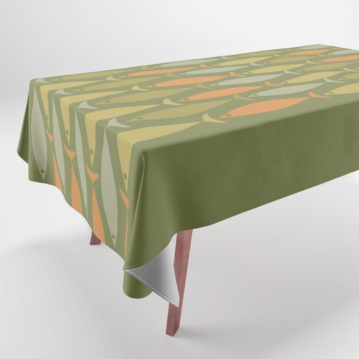Fish Stripe 8 Mid Century Modern Minimalist Olive Green, Celadon, and Orange Tablecloth Gallery Image 1