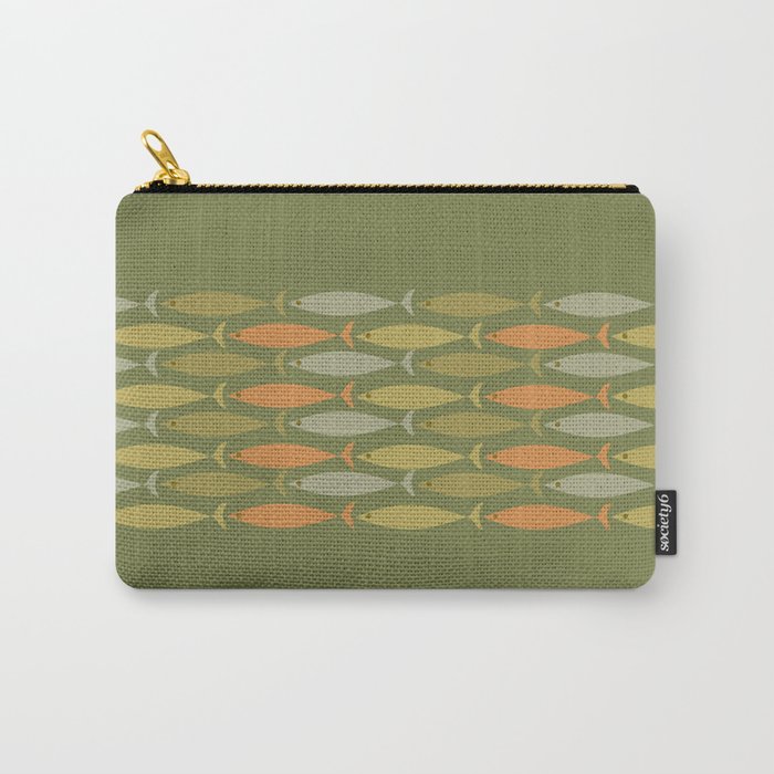 Fish Stripe 8 Mid Century Modern Minimalist Olive Green, Celadon, and Orange Carry All Pouch Gallery Image 1