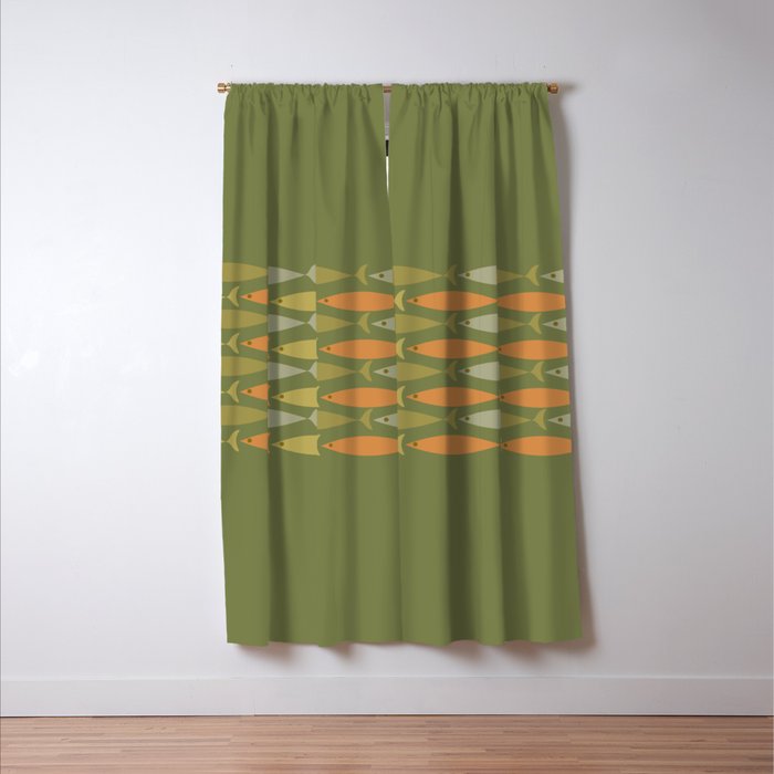 Fish Stripe 8 Mid Century Modern Minimalist Olive Green, Celadon, and Orange Window Curtain Gallery Image 3