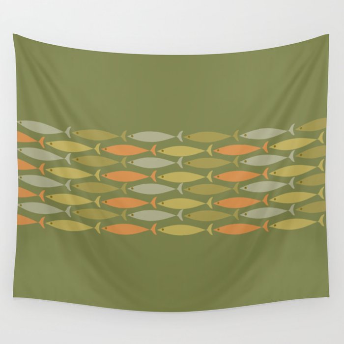 Fish Stripe 8 Mid Century Modern Minimalist Olive Green, Celadon, and Orange Wall Tapestry Gallery Image 4