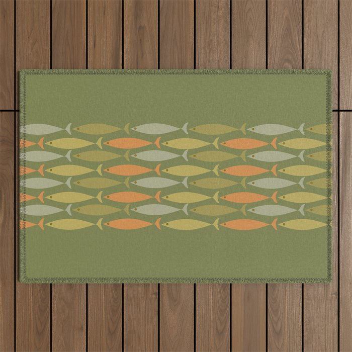 Fish Stripe 8 Mid Century Modern Minimalist Olive Green, Celadon, and Orange Outdoor Rug Gallery Image 1