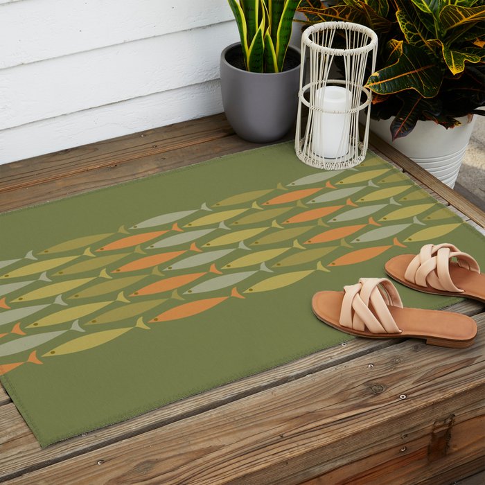 Fish Stripe 8 Mid Century Modern Minimalist Olive Green, Celadon, and Orange Outdoor Rug Gallery Image 2
