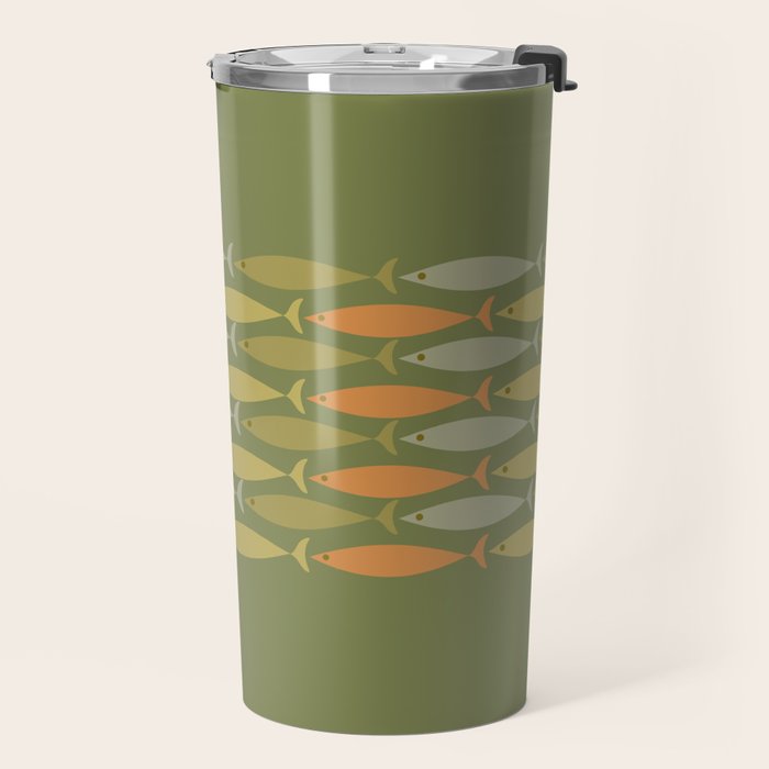 Fish Stripe 8 Mid Century Modern Minimalist Olive Green, Celadon, and Orange Travel Mug Gallery Image 2