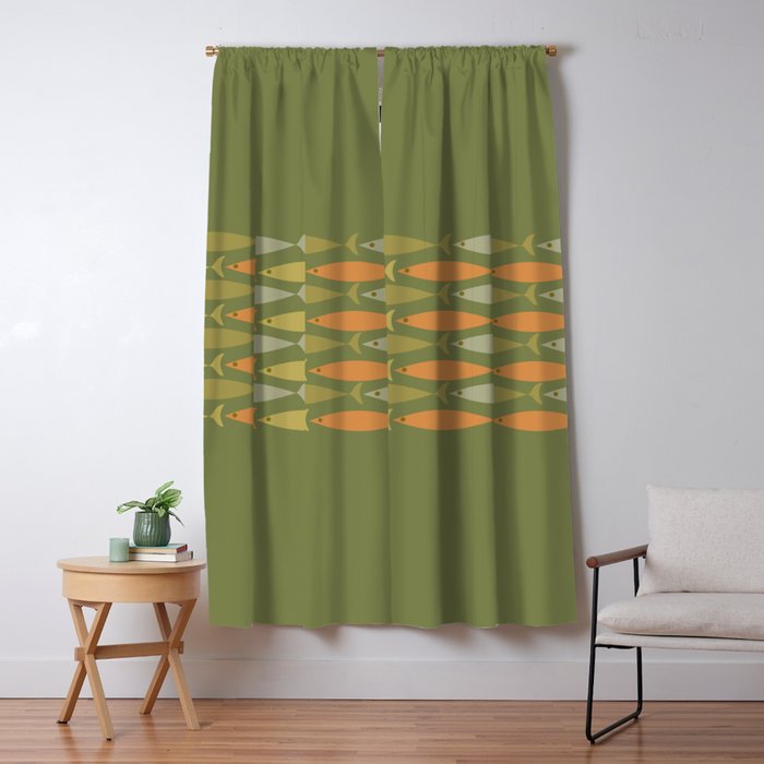 Fish Stripe 8 Mid Century Modern Minimalist Olive Green, Celadon, and Orange Window Curtain Gallery Image 5