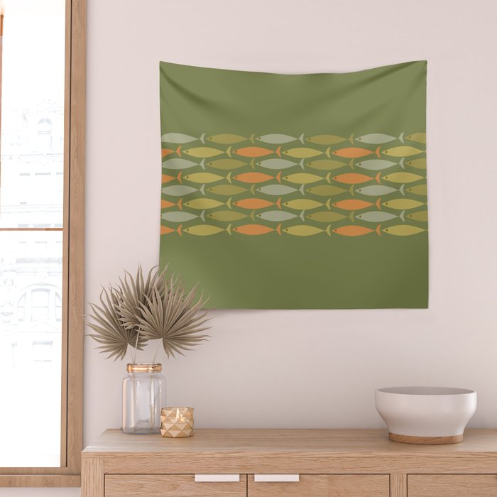 Fish Stripe 8 Mid Century Modern Minimalist Olive Green, Celadon, and Orange Wall Tapestry Gallery Image 2