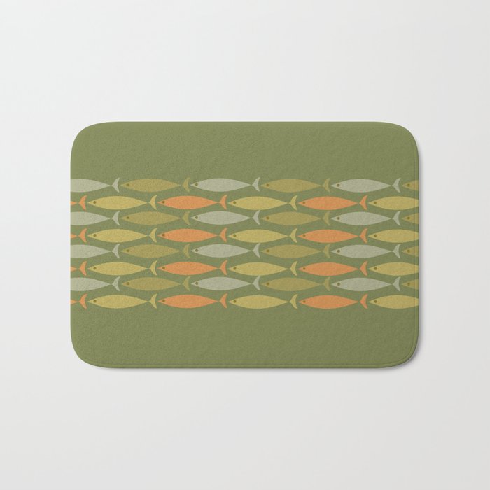 Fish Stripe 8 Mid Century Modern Minimalist Olive Green, Celadon, and Orange Bath Mat Gallery Image 1