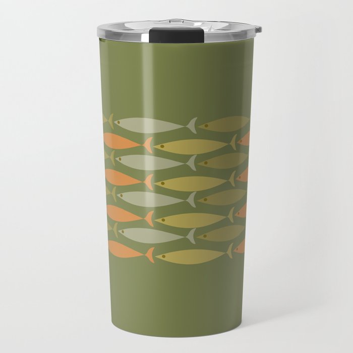 Fish Stripe 8 Mid Century Modern Minimalist Olive Green, Celadon, and Orange Travel Mug Gallery Image 1