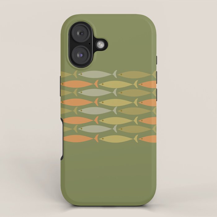 Fish Stripe 8 Mid Century Modern Minimalist Olive Green, Celadon, and Orange iPhone Case Gallery Image 1