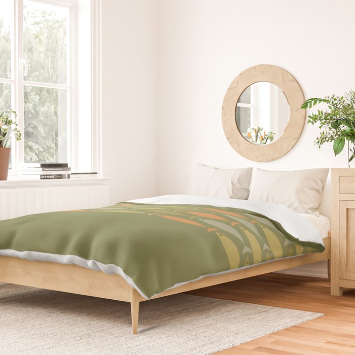 Fish Stripe 8 Mid Century Modern Minimalist Olive Green, Celadon, and Orange Duvet Cover Gallery Image 2