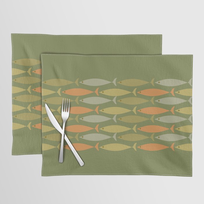 Fish Stripe 8 Mid Century Modern Minimalist Olive Green, Celadon, and Orange Placemat Gallery Image 1