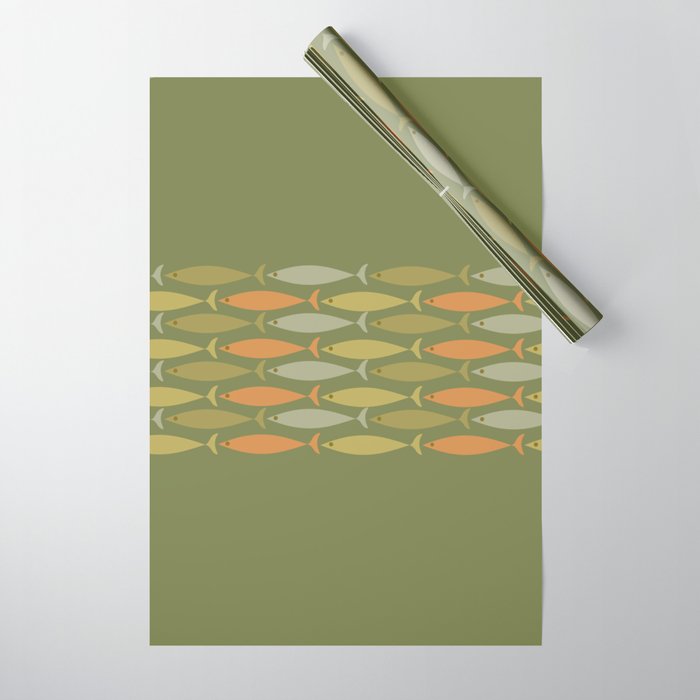 Fish Stripe 8 Mid Century Modern Minimalist Olive Green, Celadon, and Orange Wrapping Paper Gallery Image 1