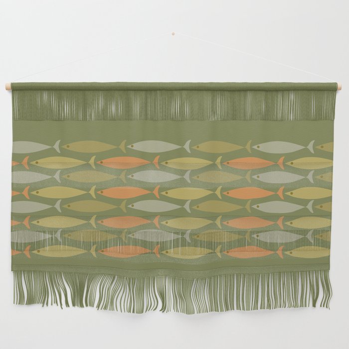 Fish Stripe 8 Mid Century Modern Minimalist Olive Green, Celadon, and Orange Wall Hanging Gallery Image 1