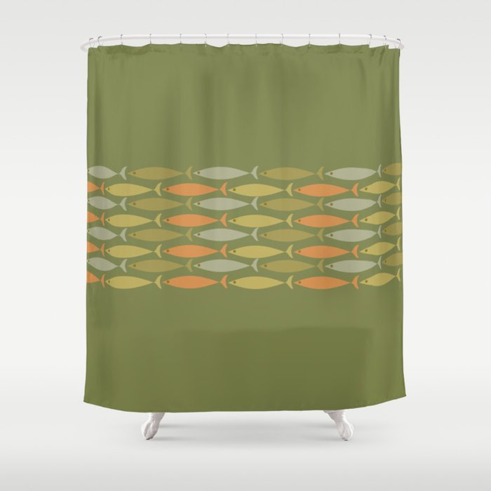 Fish Stripe 8 Mid Century Modern Minimalist Olive Green, Celadon, and Orange Shower Curtain Gallery Image 1