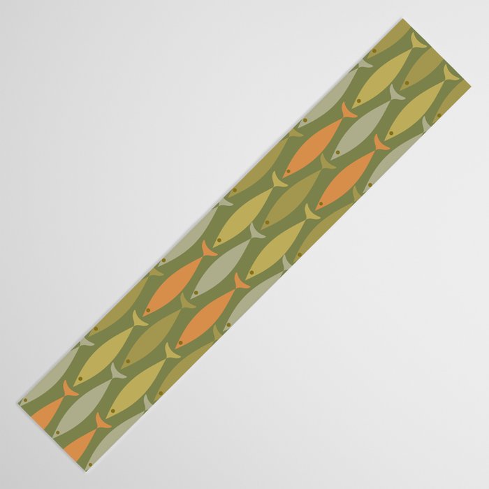 Fish Stripe 8 Mid Century Modern Minimalist Olive Green, Celadon, and Orange Table Runner Gallery Image 3