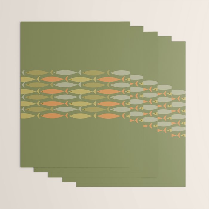 Fish Stripe 8 Mid Century Modern Minimalist Olive Green, Celadon, and Orange Wrapping Paper Gallery Image 3