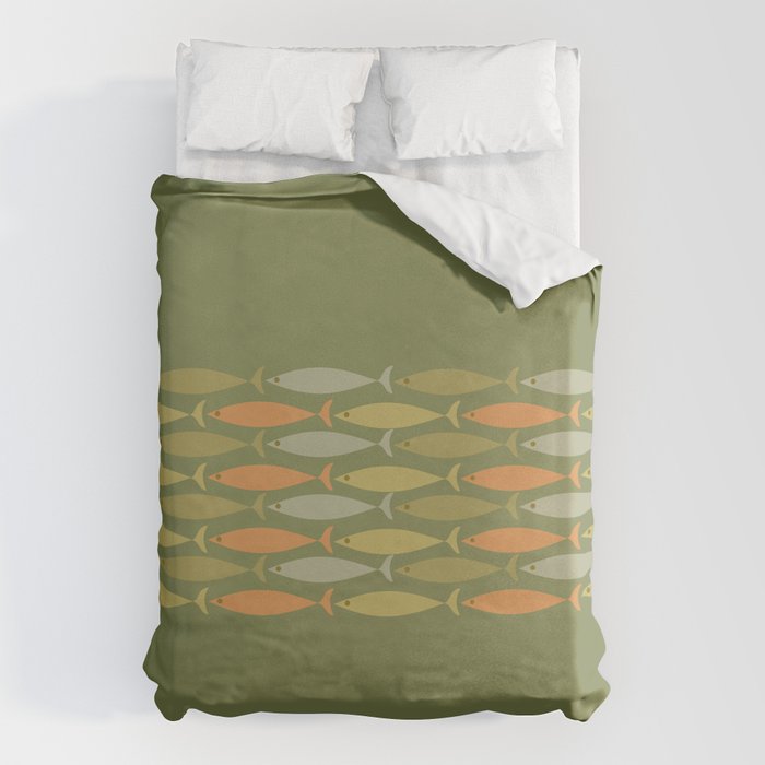 Fish Stripe 8 Mid Century Modern Minimalist Olive Green, Celadon, and Orange Duvet Cover Gallery Image 1