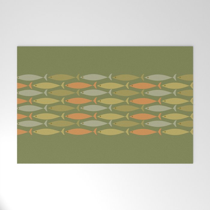 Fish Stripe 8 Mid Century Modern Minimalist Olive Green, Celadon, and Orange Welcome Mat Gallery Image 1