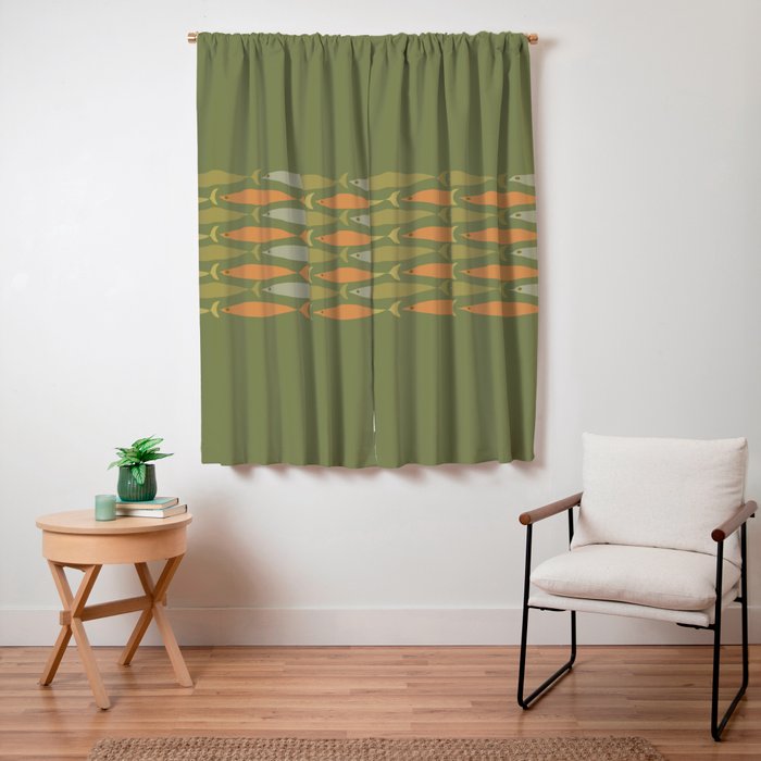 Fish Stripe 8 Mid Century Modern Minimalist Olive Green, Celadon, and Orange Window Curtain Gallery Image 3